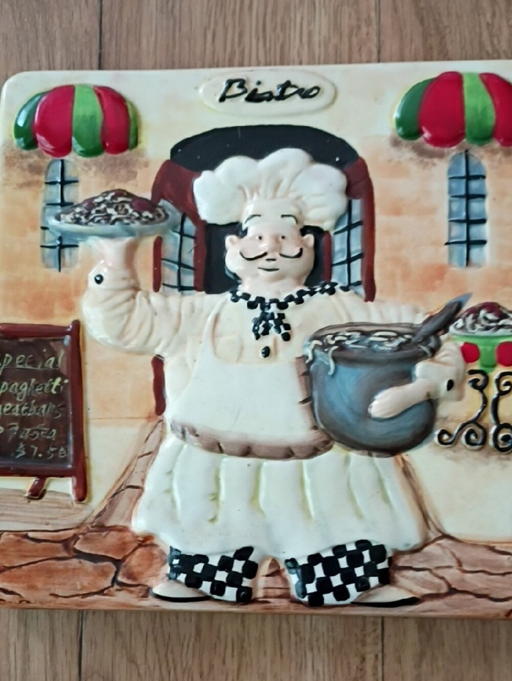 Bistro Chef Wall Tile Plaque - Cream with Red & Green Accents - Picture 2 of 8